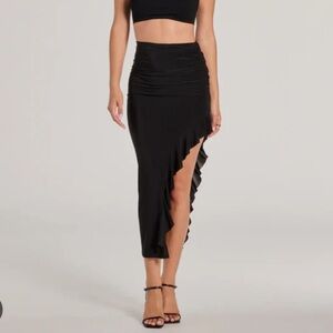 Black Ruffled Asymmetric Midi Skirt - Women's